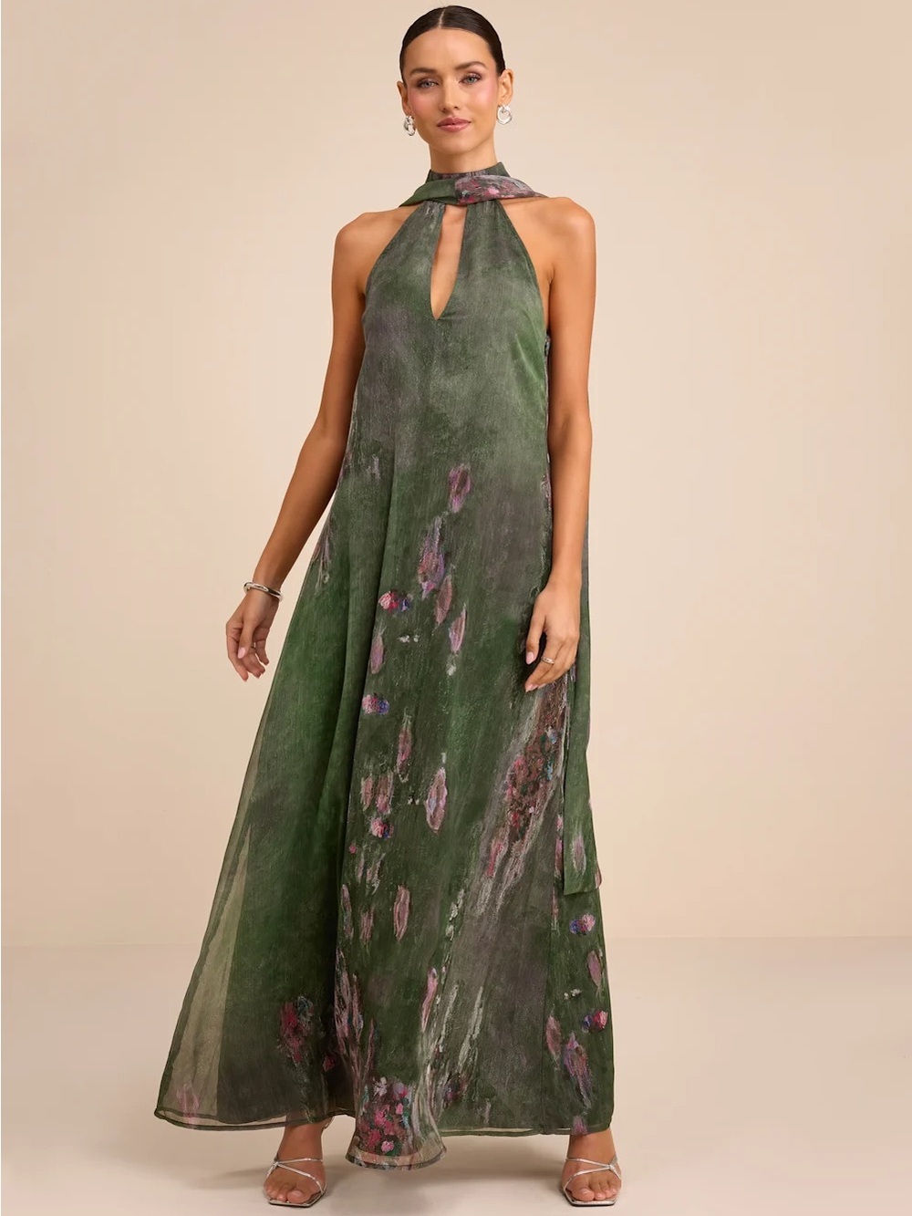 Lulu's Olive Green Floral Halter Maxi Dress